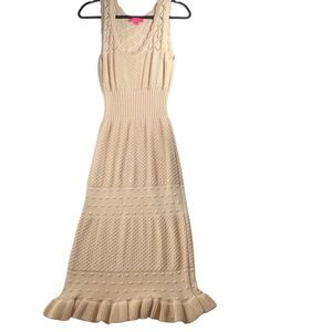 Betsey Johnson Beige/Cream Crochet Knit Long Midi Dress with Ruffle Hem Large